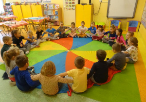 Grupa dzieci siedzi na brzegu chusty animacyjnej w siadzie skrzyżnym z dłońmi położonymi na brzuchu kolegi bądź koleżanki siedzących po prawej i lewej stronie.